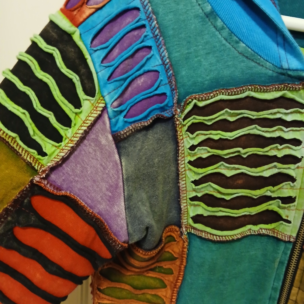 Patchwork Hooded Sweatshirt Full Zip Pockets Retr… - image 6